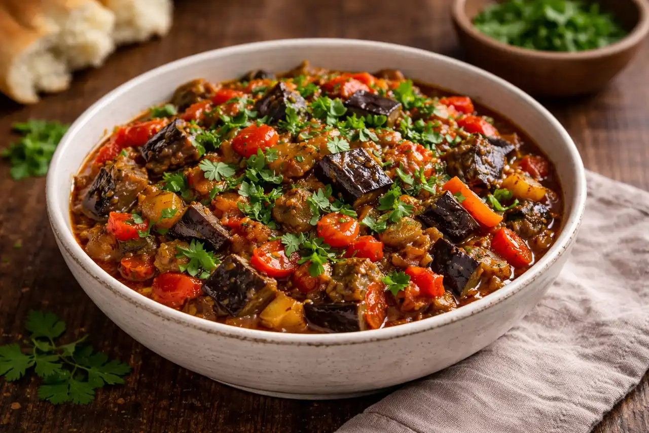 Традиционное грузинское овощное рагу из баклажанов, перца, томатов и ароматной зелени.