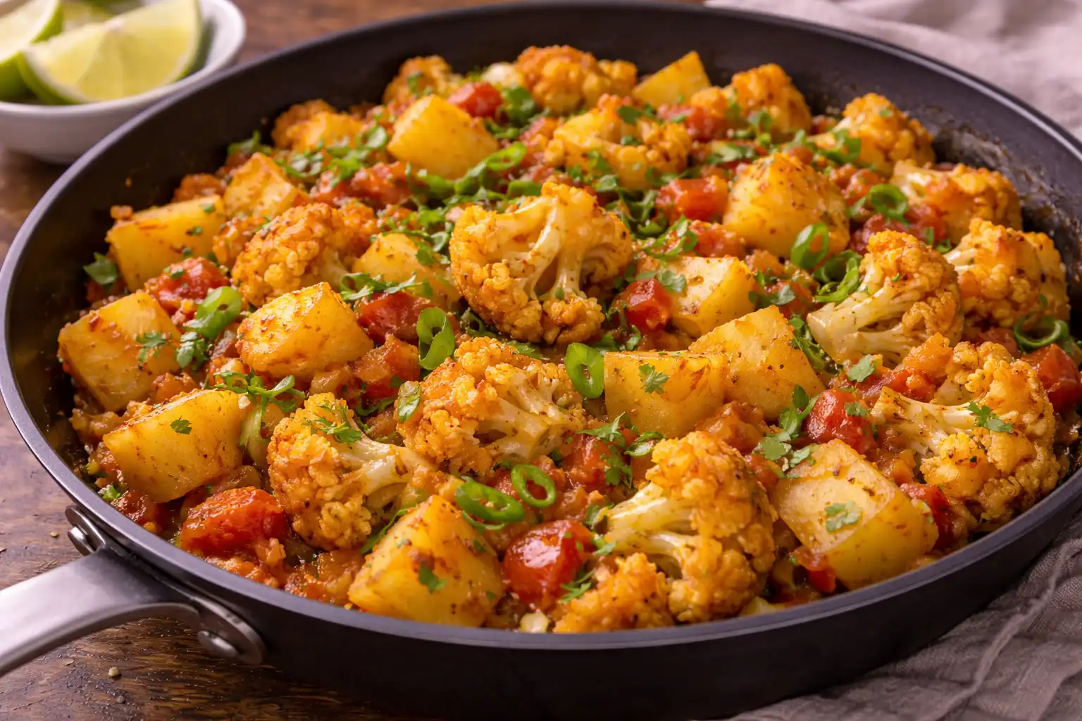 Классическое индийское овощное блюдо из картофеля и цветной капусты с ароматными специями.