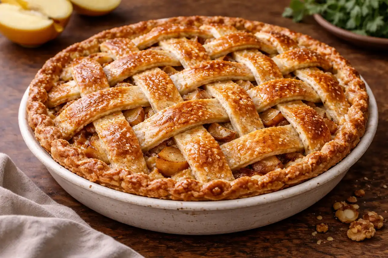 Классический яблочный пирог с рассыпчатым тестом, пряной начинкой и румяной решёткой сверху.