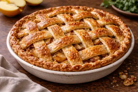 Классический яблочный пирог с рассыпчатым тестом, пряной начинкой и румяной решёткой сверху.