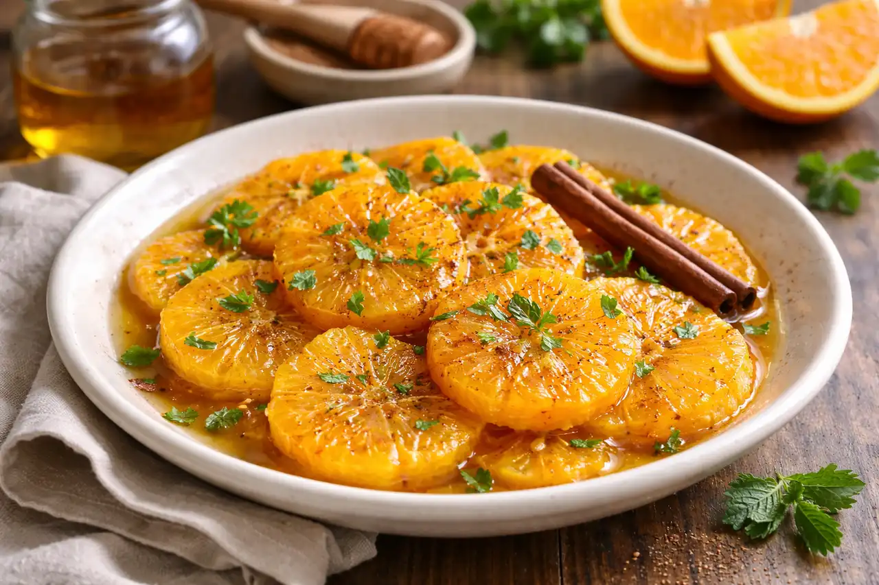 Лёгкий фруктовый десерт из свежих апельсинов в ароматном сиропе с корицей и мёдом.
