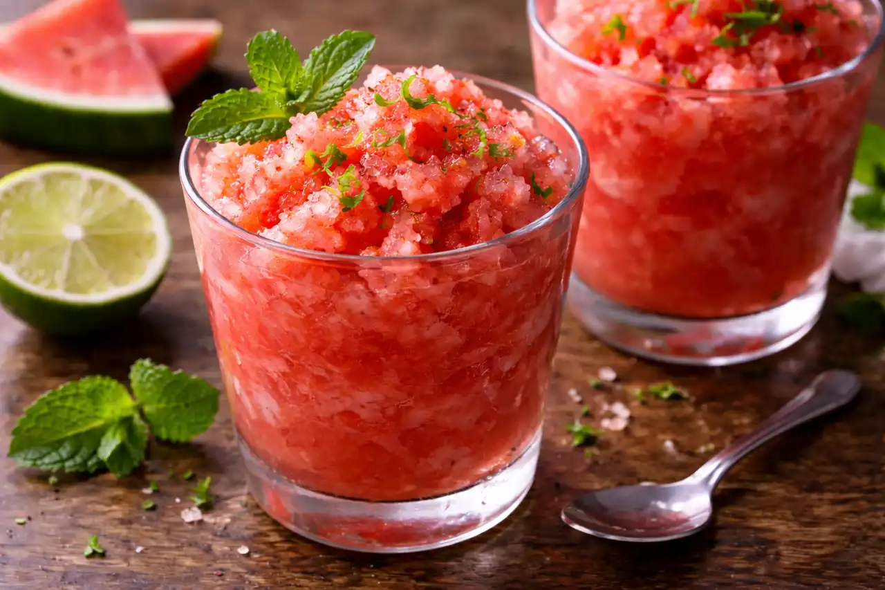 Освежающий сицилийский десерт из арбуза с ледяной крошкой и ярким фруктовым вкусом.
