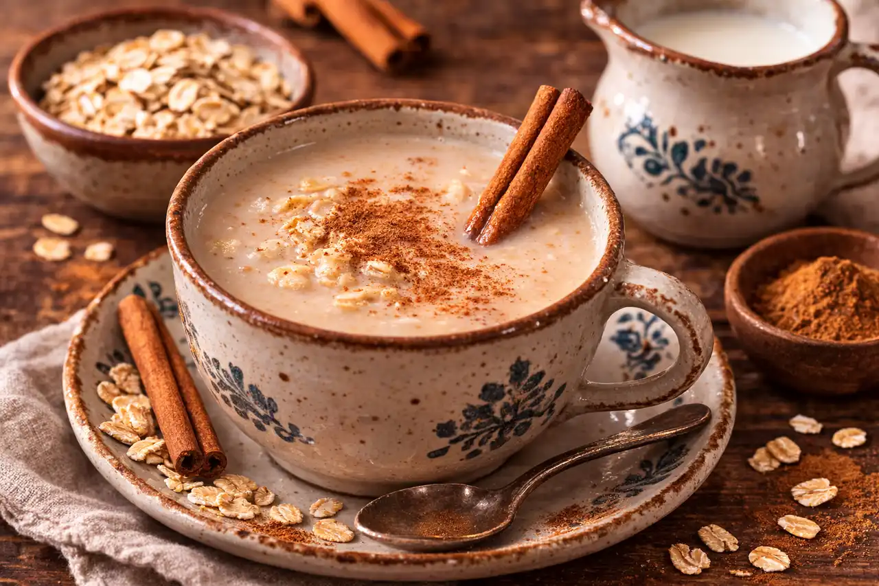 Тёплый мексиканский овсяный напиток-каша с корицей и ванилью для уютного завтрака.