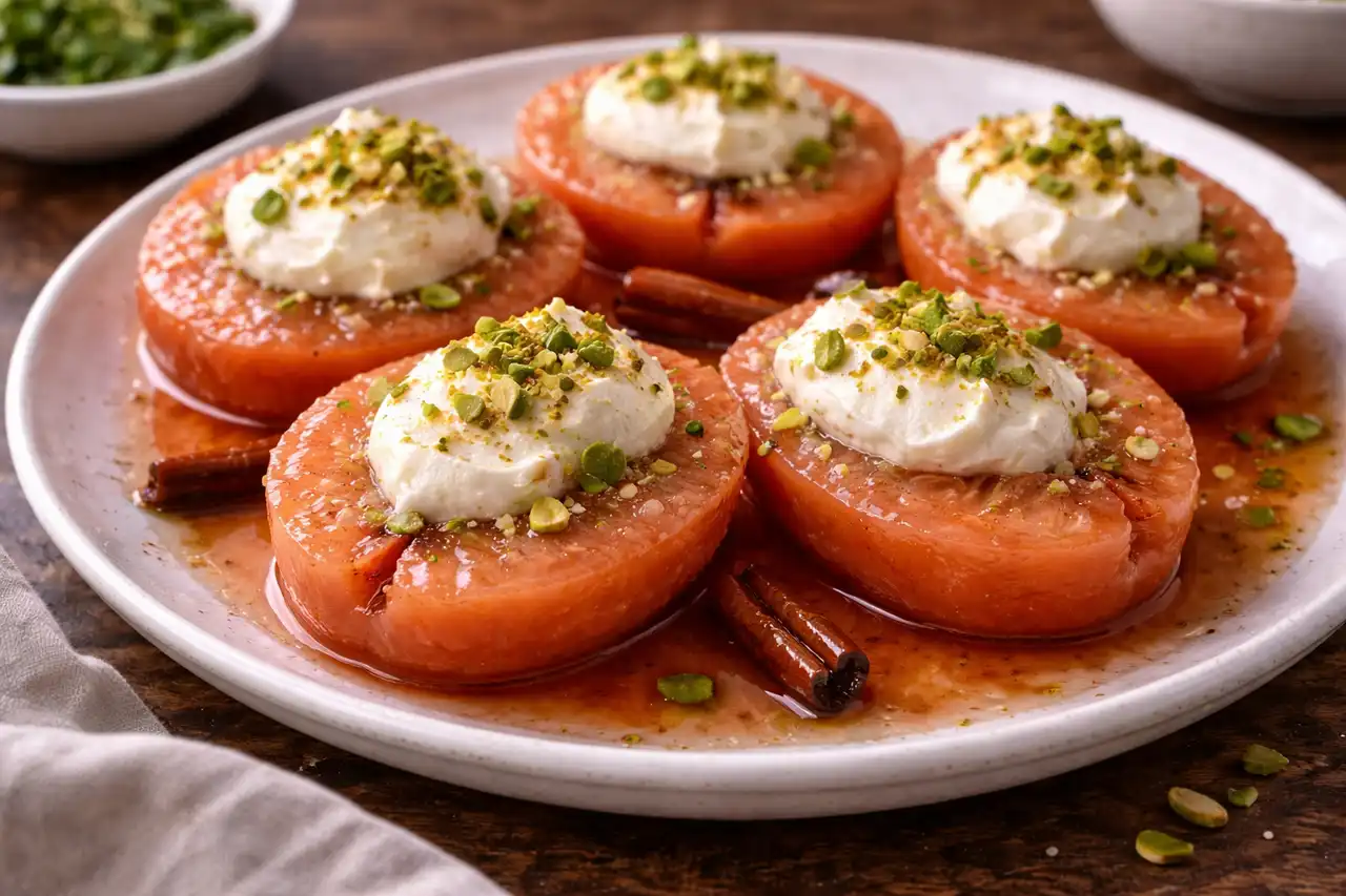 Турецкий фруктовый десерт из томлёной айвы в ароматном сиропе с лимоном и специями.