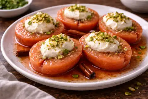 Турецкий фруктовый десерт из томлёной айвы в ароматном сиропе с лимоном и специями.