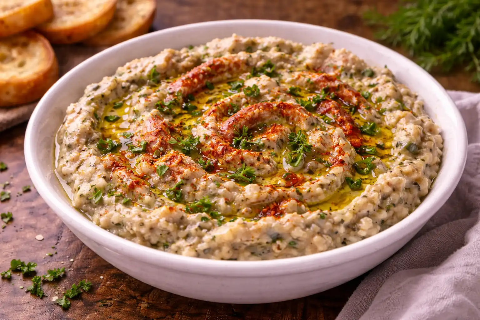 Ароматная восточная закуска из запеченных баклажанов с тахини, чесноком и лимонным соком.