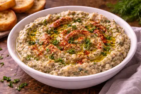 Ароматная восточная закуска из запеченных баклажанов с тахини, чесноком и лимонным соком.