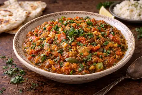 Ароматное индийское блюдо из запечённого баклажана с томатами, луком и согревающими специями.