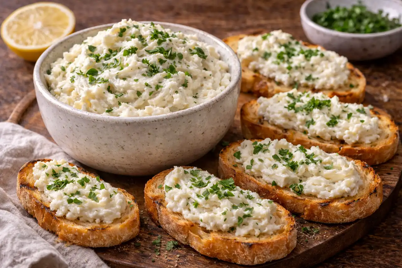 Венецианская рыбная закуска из взбитой трески с оливковым маслом, чесноком и мягкой кремовой текстурой.