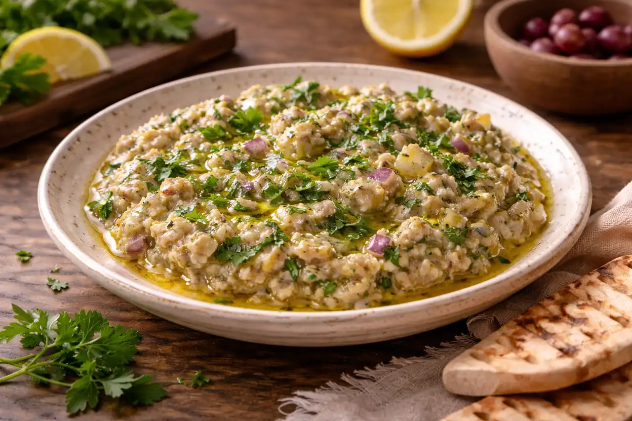 Греческая закуска из запечённых баклажанов с чесноком, лимоном, оливковым маслом и свежей зеленью.