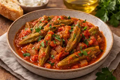 Томлёная бамия в томатном соусе с луком, оливковым маслом и средиземноморскими травами.