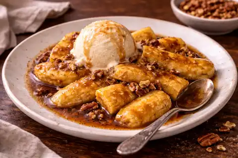 Классический десерт Нового Орлеана с карамелизированными бананами в ромовом соусе.