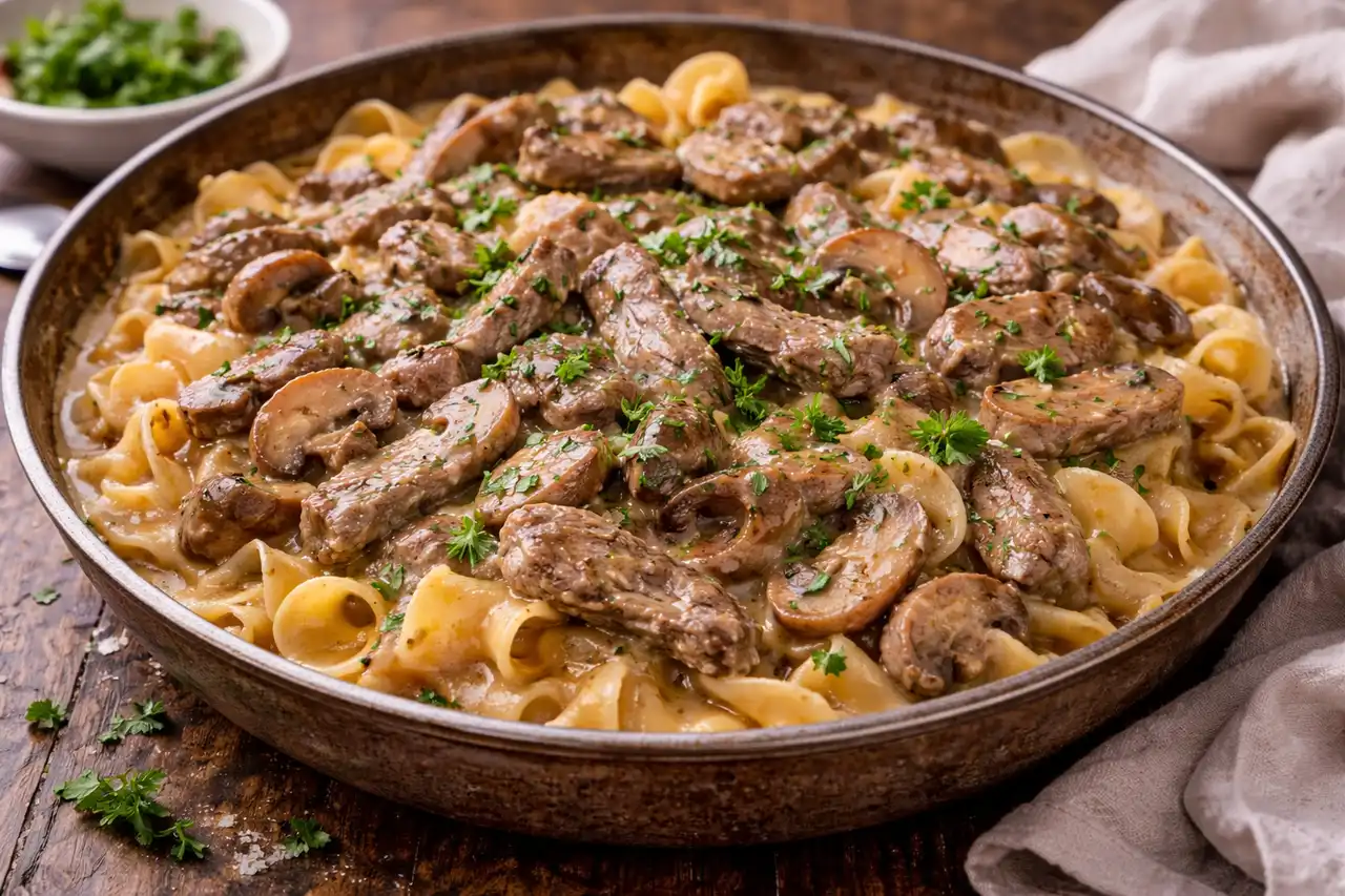 Классический бефстроганов с грибами в нежном сливочном соусе.