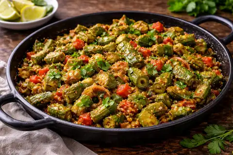 Пряная индийская бамия с луком, томатами и ароматной смесью специй в насыщенном соусе.