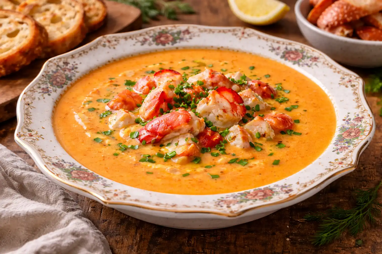 Классический французский крем-суп с омаром, овощами и шелковистой сливочной текстурой.