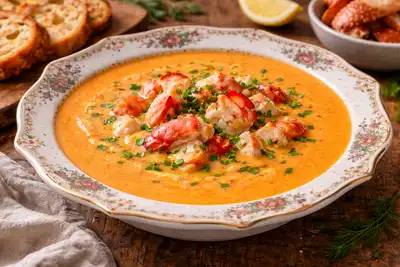 Классический французский крем-суп с омаром, овощами и шелковистой сливочной текстурой.