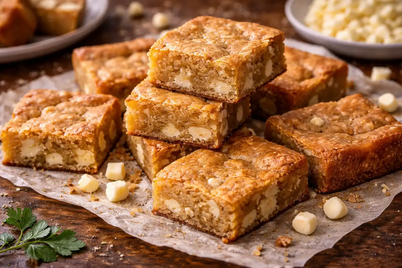 Плотные карамельные блонди с кусочками белого шоколада и мягкой жевательной текстурой.