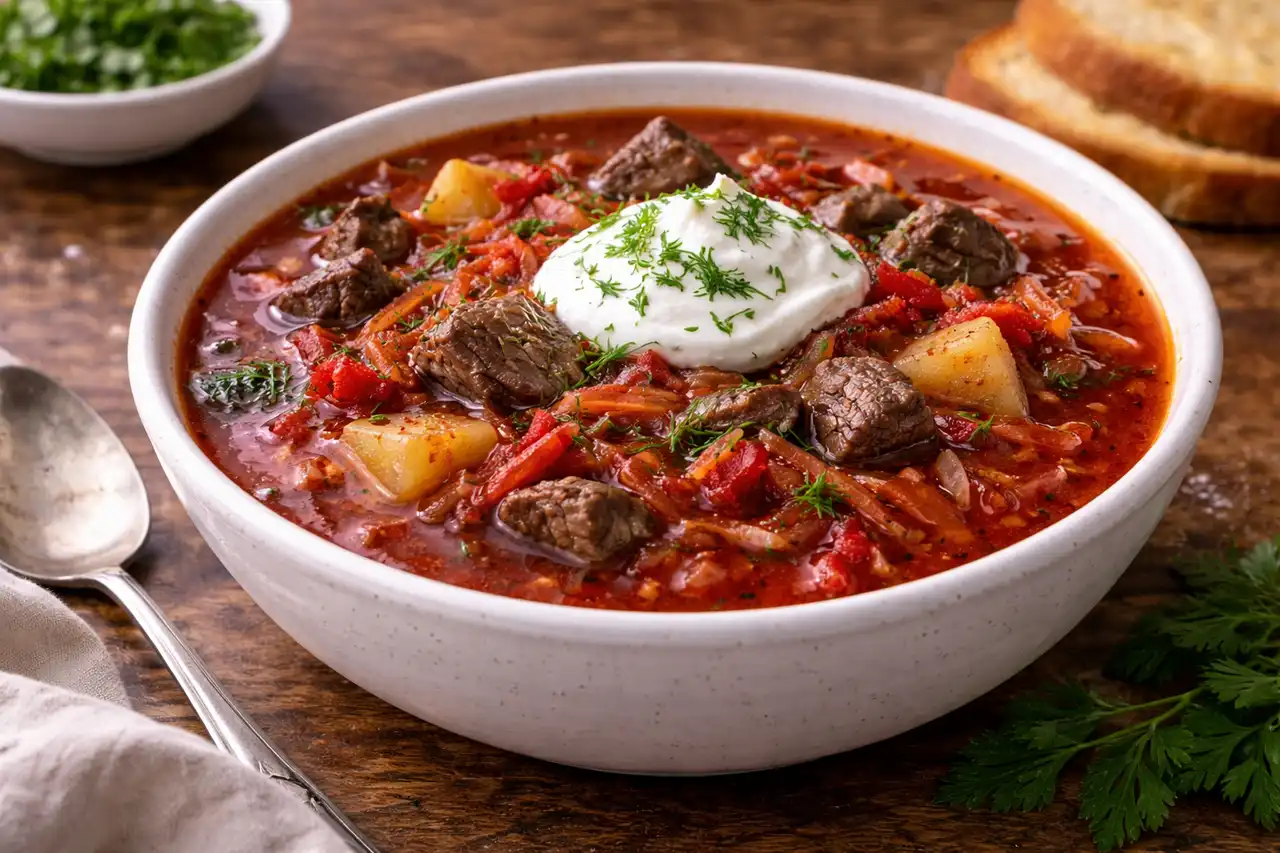 Классический наваристый борщ с говядиной, свеклой, капустой и томатной заправкой.