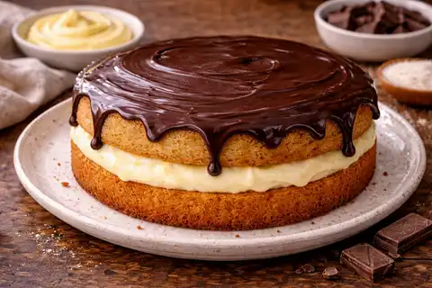 Классический американский десерт с мягким бисквитом, ванильным кремом и глянцевой шоколадной глазурью.