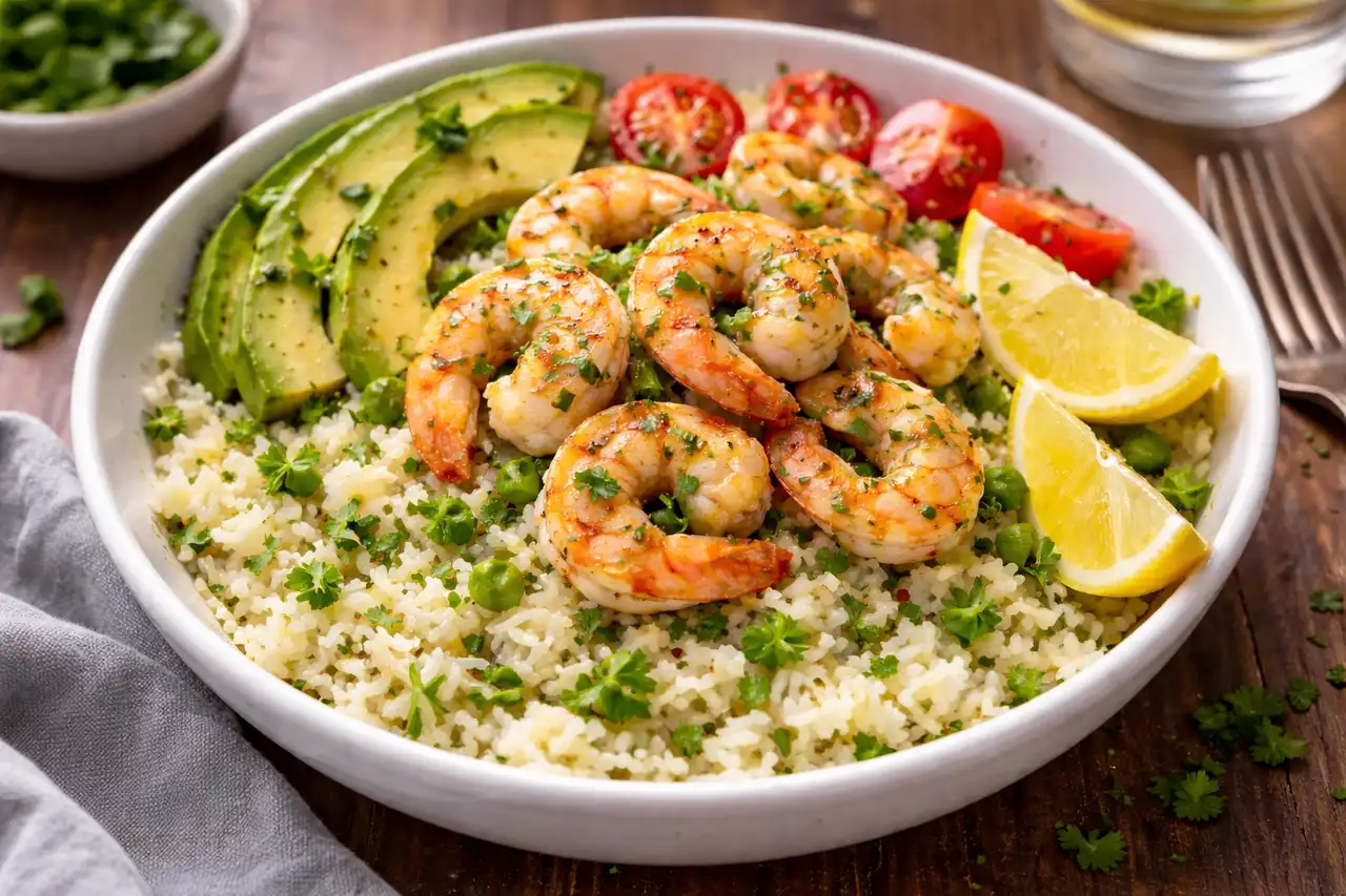 Лёгкий боул с рисом из цветной капусты и чесночными креветками для свежего и полезного ужина.