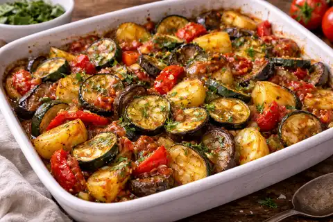 Традиционное греческое блюдо из запечённых овощей с томатами, чесноком, орегано и оливковым маслом.