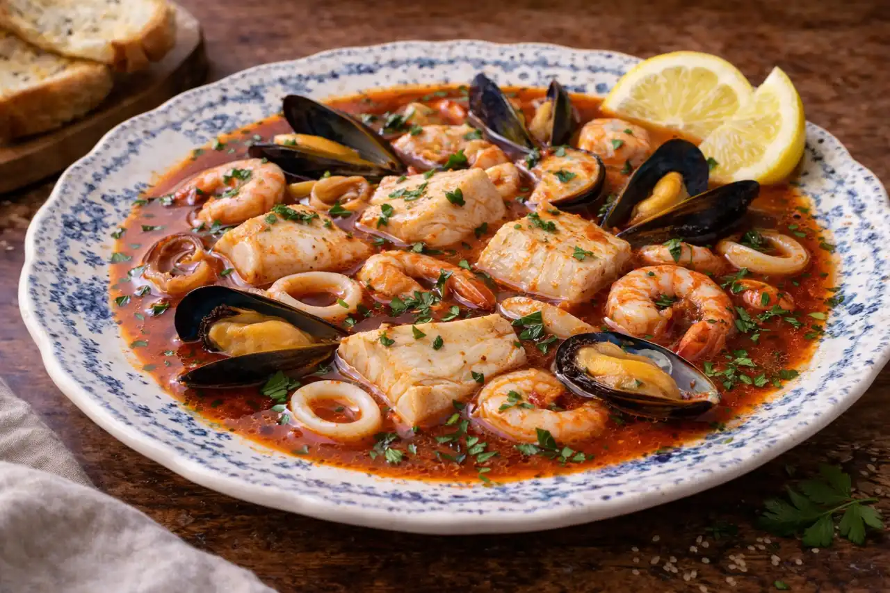 Итальянский густой суп с белой рыбой, креветками, мидиями и томатно-винным бульоном.