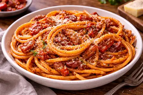 Классическая римская паста с томатным соусом, гуанчале и сыром пекорино романо.