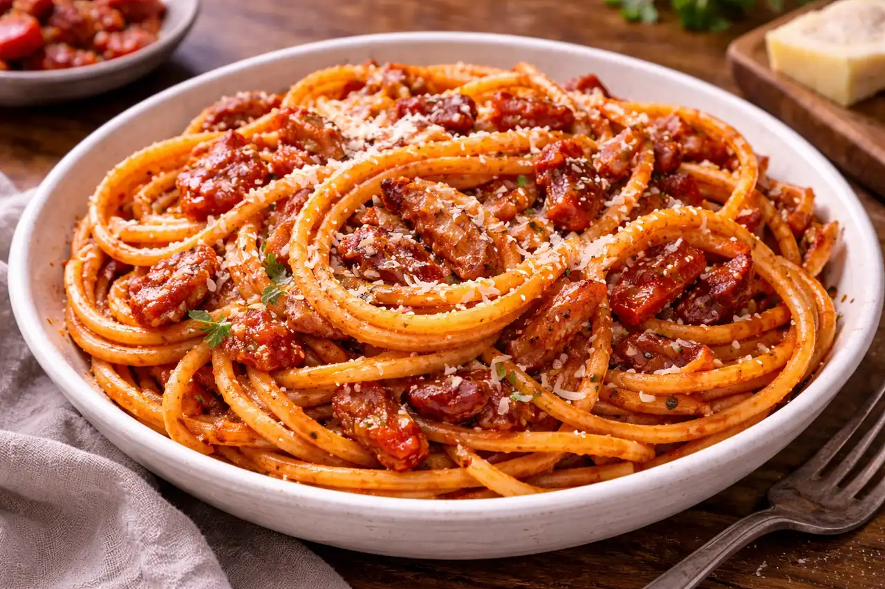 Классическая римская паста с томатным соусом, гуанчале и сыром пекорино романо.