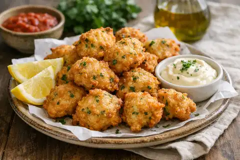 Воздушные испанские рыбные пончики из трески с хрустящей корочкой и нежной серединой.