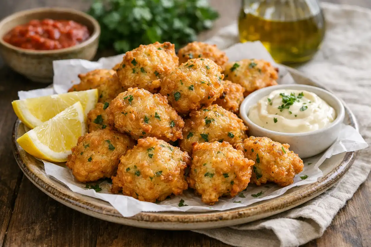 Воздушные испанские рыбные пончики из трески с хрустящей корочкой и нежной серединой.