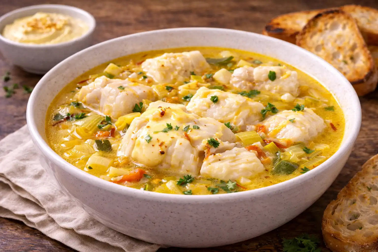 Нежный французский рыбный суп с шафрановым бульоном и соусом айоли.