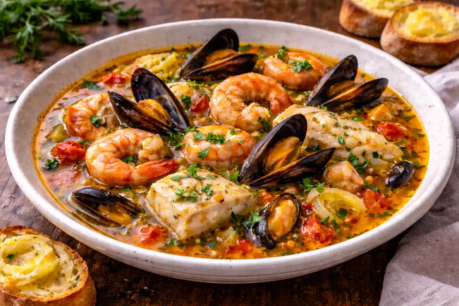 Насыщенный прованский суп с рыбой и морепродуктами в ароматном шафрановом бульоне.