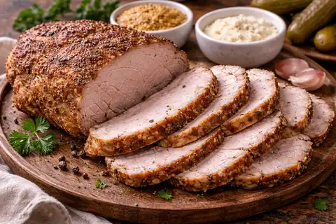 Запечённая свинина с чесноком и пряностями, которую подают холодной тонкими ломтиками.