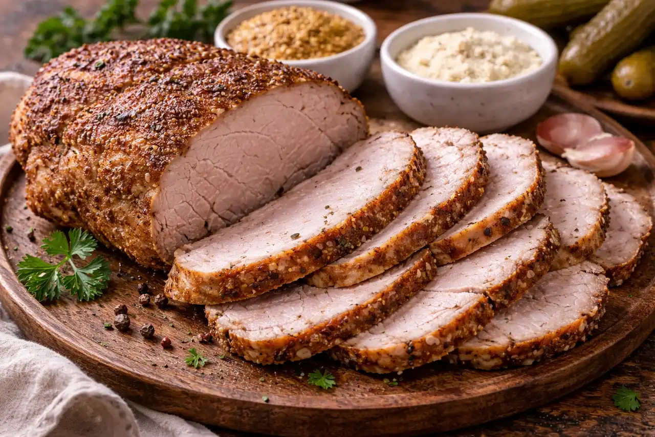 Запечённая свинина с чесноком и пряностями, которую подают холодной тонкими ломтиками.