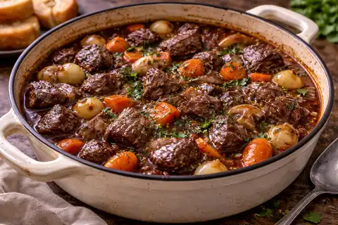 Классическое французское рагу из говядины в красном вине с овощами и грибами.