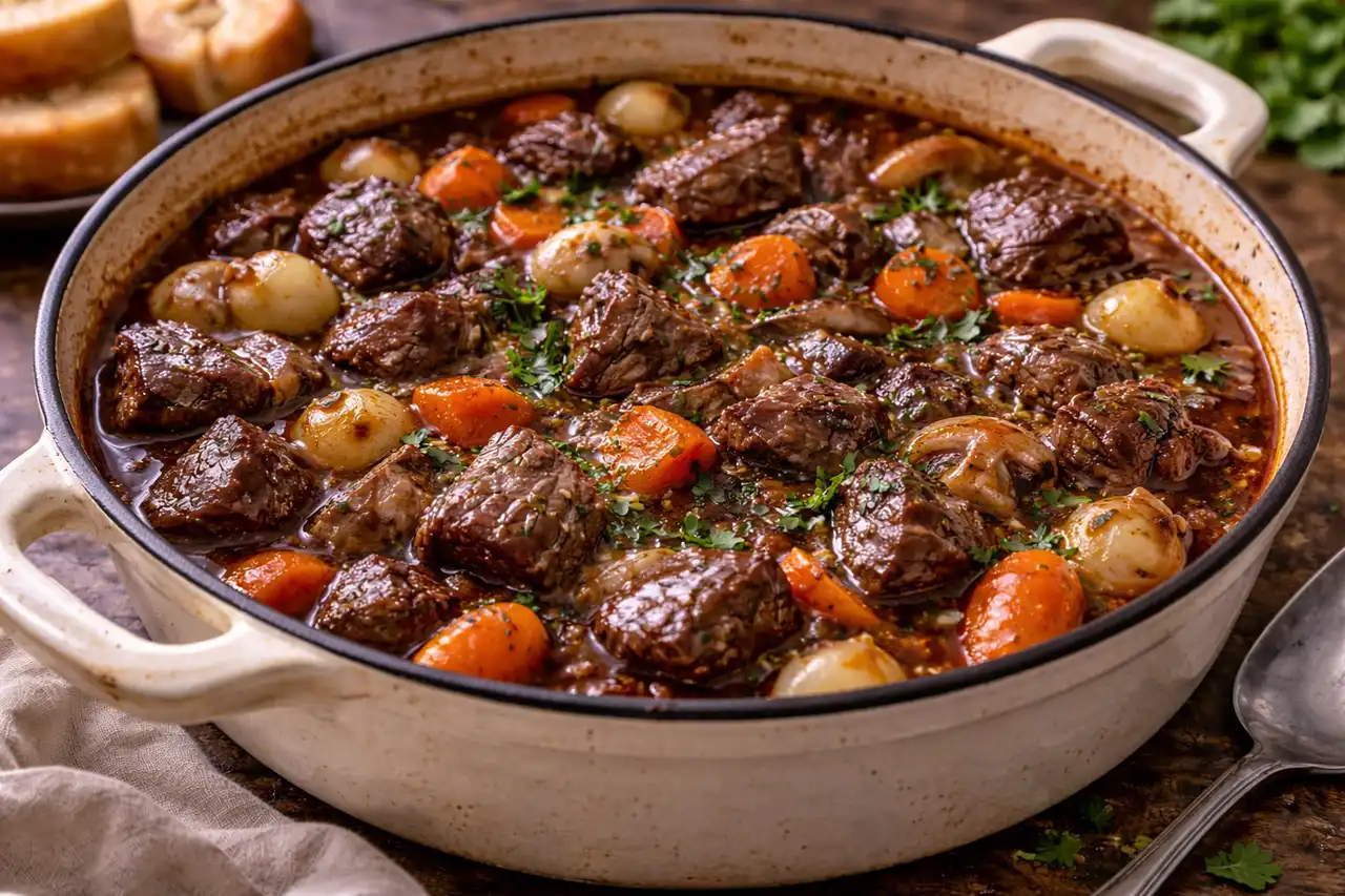 Классическое французское рагу из говядины в красном вине с овощами и грибами.