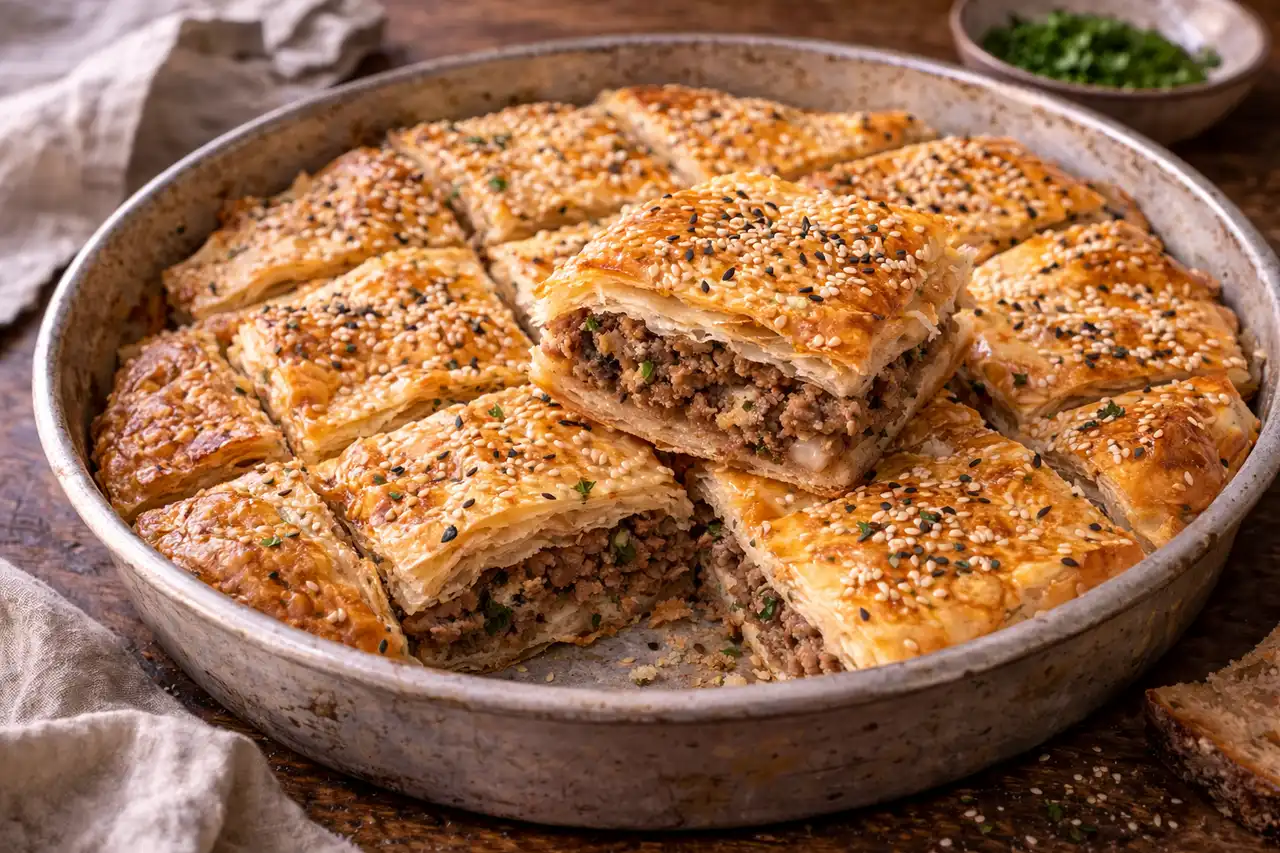 Слоёный турецкий пирог из теста фило с сочной мясной начинкой и хрустящей золотистой корочкой.