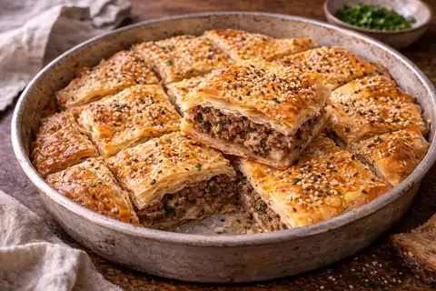 Слоёный турецкий пирог из теста фило с сочной мясной начинкой и хрустящей золотистой корочкой.