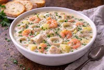 Густой сливочный суп с рыбой и морепродуктами в стиле классического чаудера.