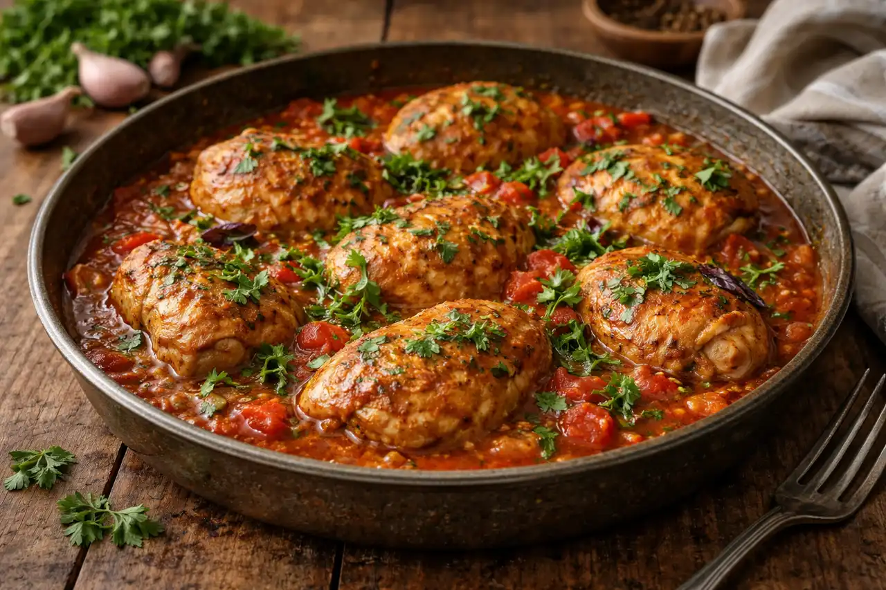 Традиционное грузинское горячее из курицы, тушённой с томатами, луком, чесноком и ароматной зеленью.