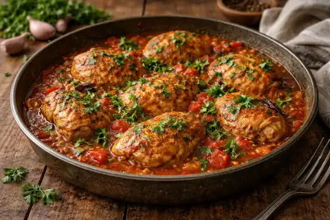 Традиционное грузинское горячее из курицы, тушённой с томатами, луком, чесноком и ароматной зеленью.