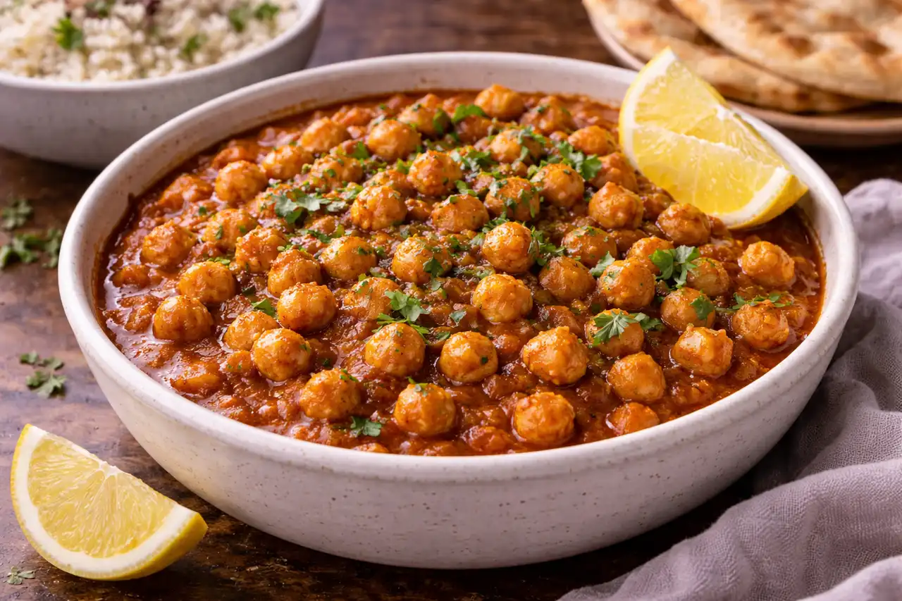 Пряное индийское блюдо из нута в томатно-луковом соусе с ароматом гарам масалы и имбиря.