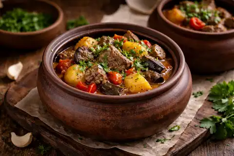 Традиционное грузинское жаркое из говядины с баклажанами, картофелем, томатами и пряной зеленью.