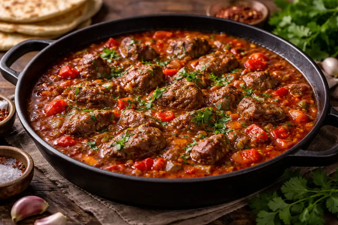 Традиционное грузинское рагу из говядины, томатов, лука и ароматных специй с насыщенным пряным соусом.
