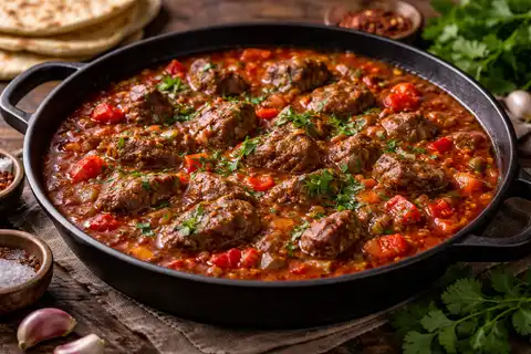 Традиционное грузинское рагу из говядины, томатов, лука и ароматных специй с насыщенным пряным соусом.