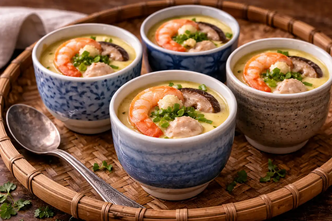 Нежный японский паровой яичный крем с курицей, креветками и грибами в бульоне даси.