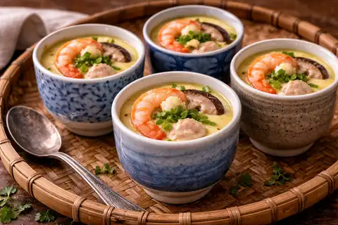 Нежный японский паровой яичный крем с курицей, креветками и грибами в бульоне даси.