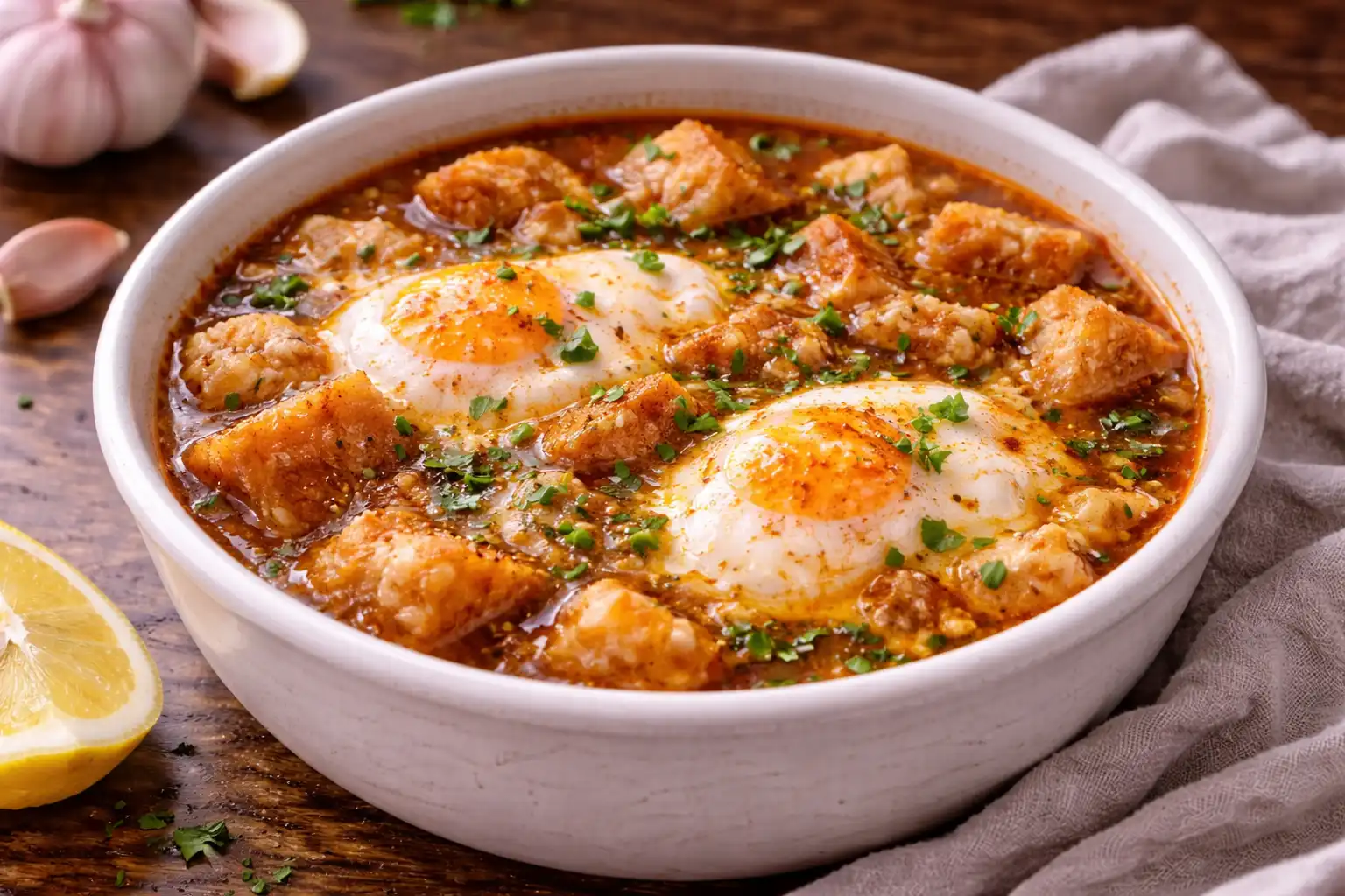 Традиционный испанский суп с чесноком, паприкой, хлебом и яйцом в насыщенном ароматном бульоне.