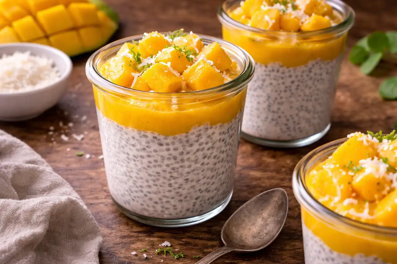 Лёгкий чиа-пудинг на кокосовом молоке с манго и натуральной сладостью мёда.