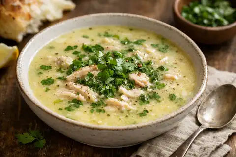 Традиционный грузинский суп на курином бульоне с яично-лимонной заправкой и свежей зеленью.